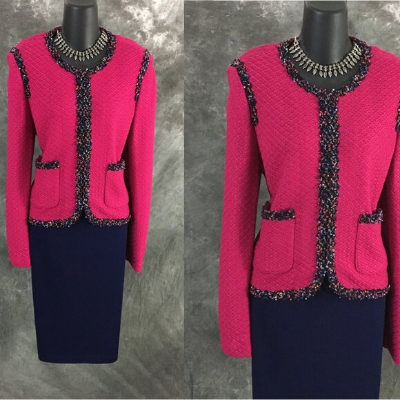 BEAUTIFUL st john knit pink blue multi jacket skirt suit size 8 - Picture 2 of 11